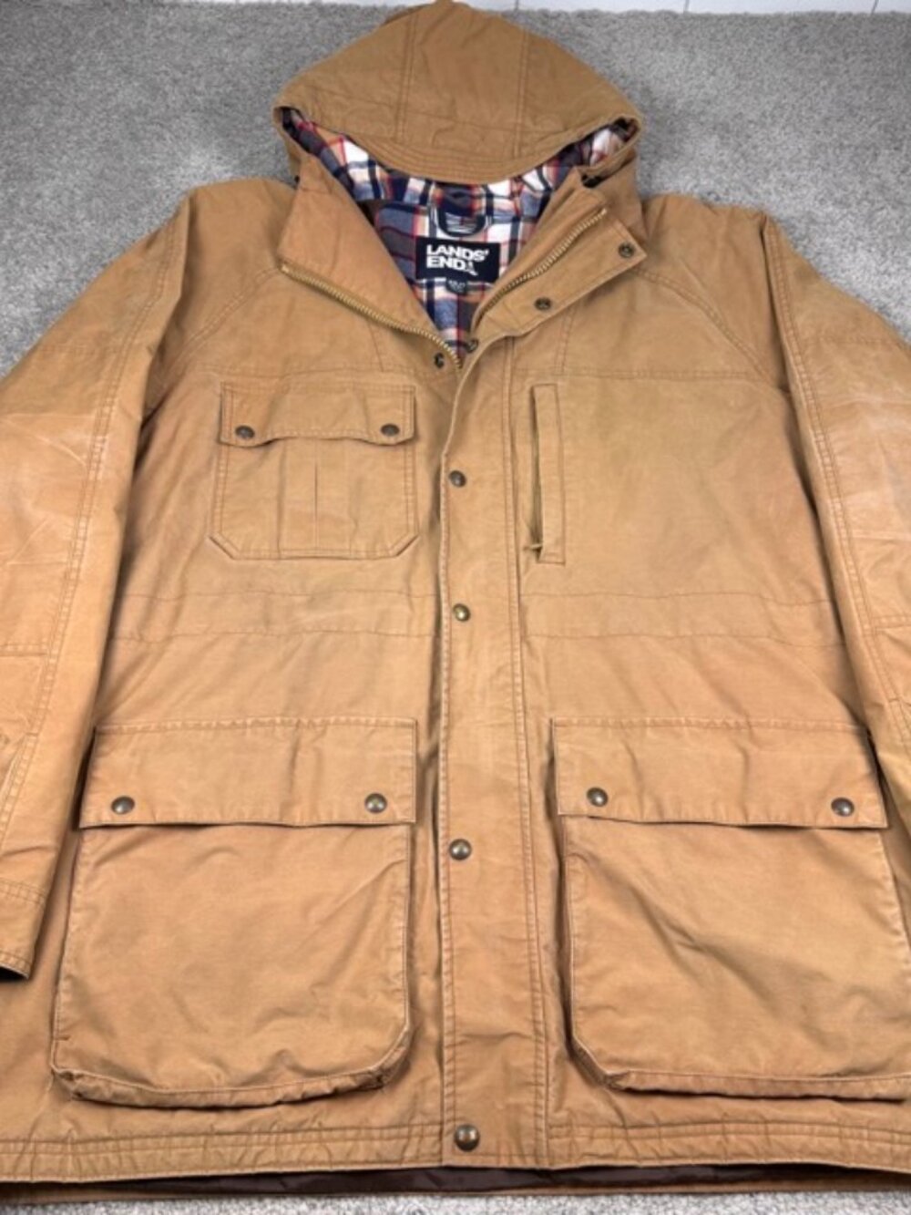 Lands’ End Men’s Beige Bayfield Cotton Parka Jacket Coat Plaid Lined Size XXLT